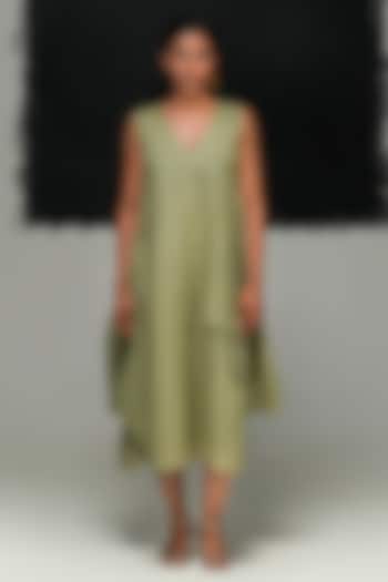 Sage Green Handwoven Linen Midi Vacation Dress by Urvashi Kaur at Pernia's Pop Up Shop