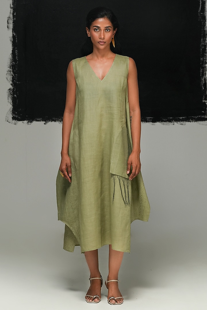 Sage Green Handwoven Linen Midi Vacation Dress by Urvashi Kaur at Pernia's Pop Up Shop