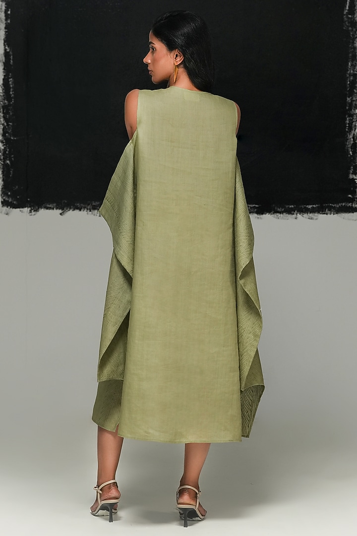 Sage Green Handwoven Linen Midi Vacation Dress by Urvashi Kaur at Pernia's Pop Up Shop