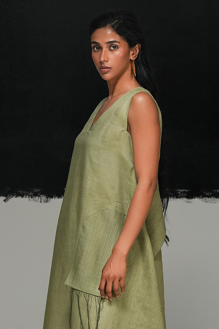 Sage Green Handwoven Linen Midi Vacation Dress by Urvashi Kaur at Pernia's Pop Up Shop