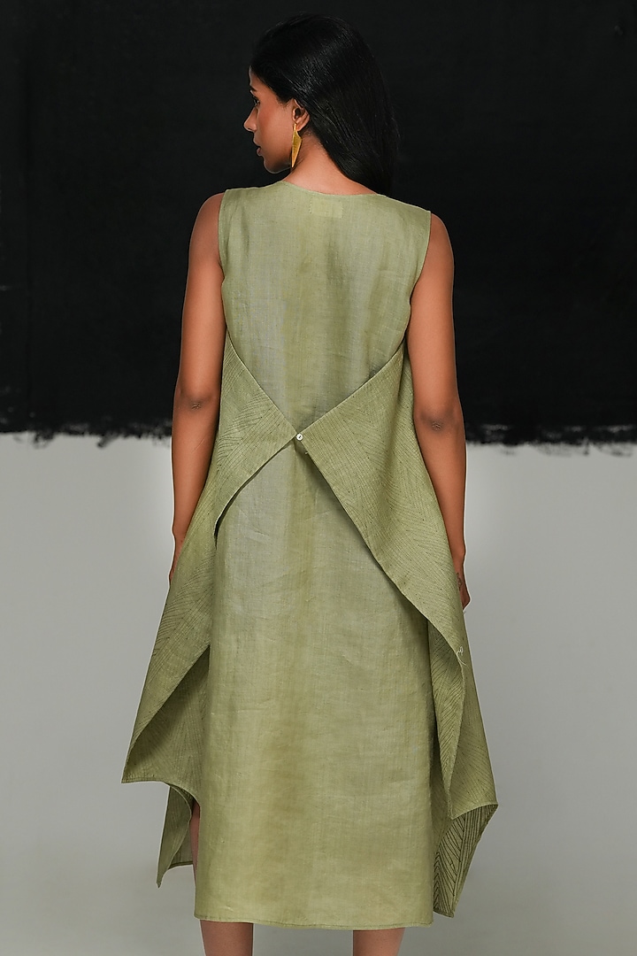 Sage Green Handwoven Linen Midi Vacation Dress by Urvashi Kaur at Pernia's Pop Up Shop