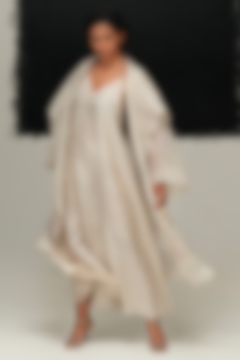 Pearl White Handwoven Organza Machine Embroidered Jacket by Urvashi Kaur at Pernia's Pop Up Shop