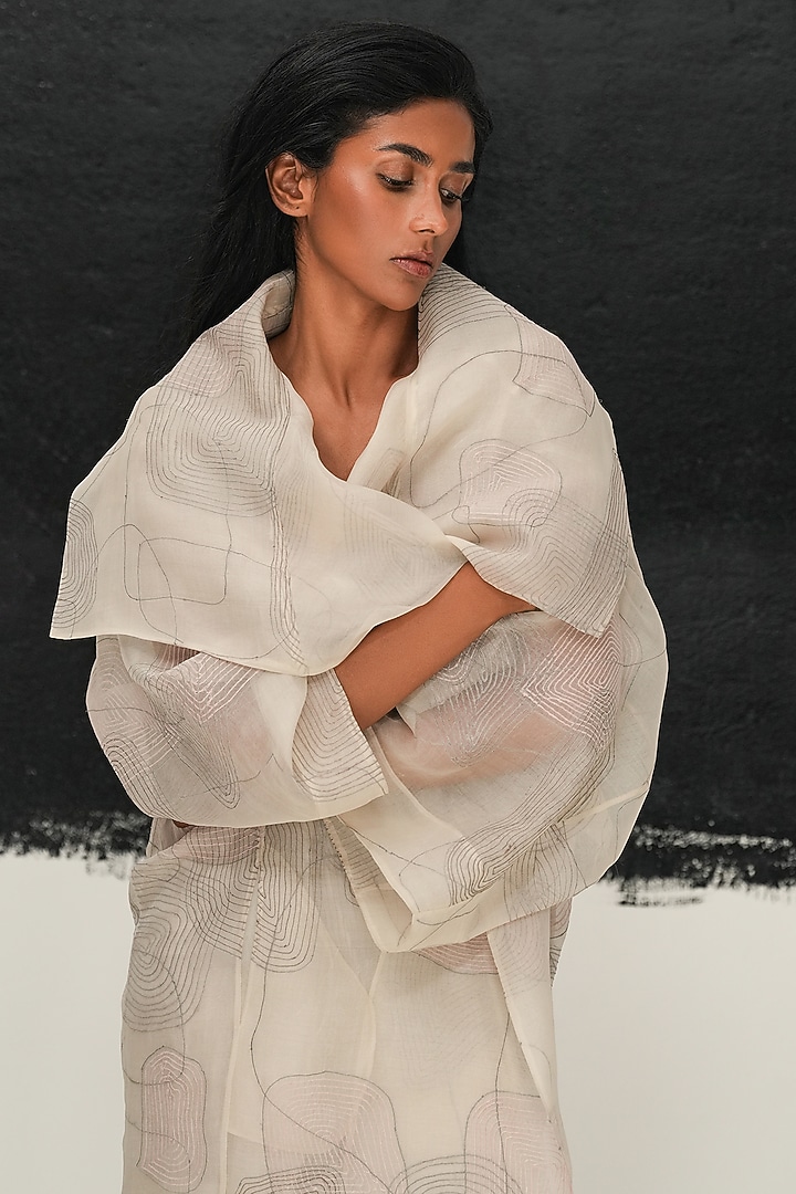 Pearl White Handwoven Organza Machine Embroidered Jacket by Urvashi Kaur at Pernia's Pop Up Shop
