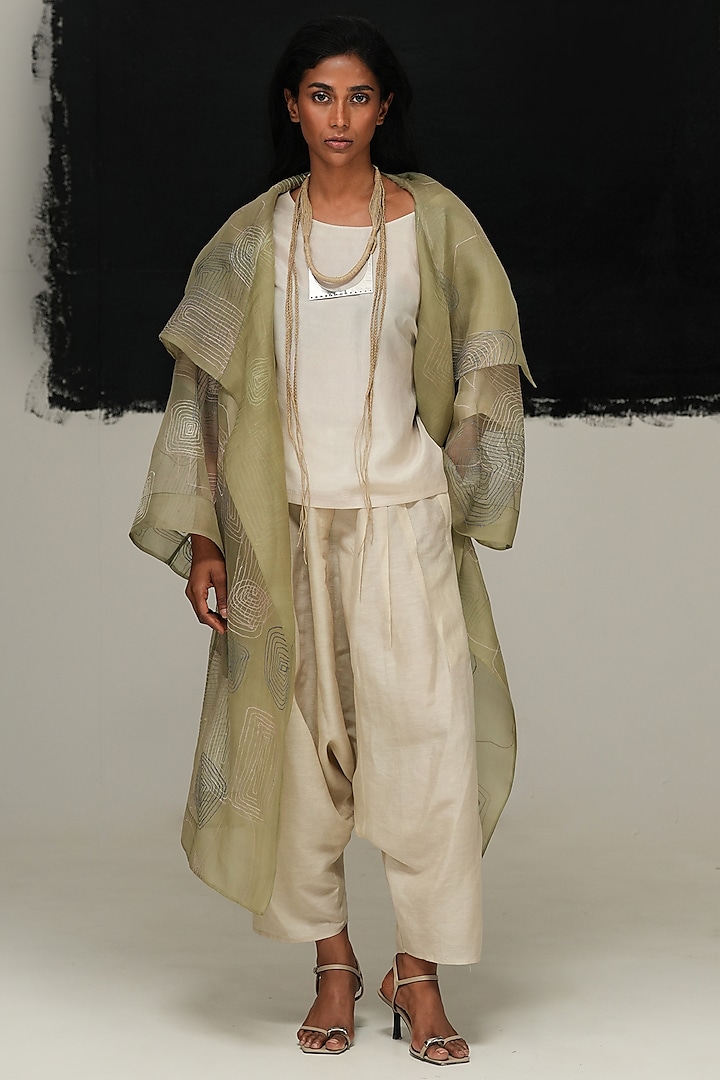Sage Green Handwoven Organza Machine Embroidered Jacket by Urvashi Kaur at Pernia's Pop Up Shop