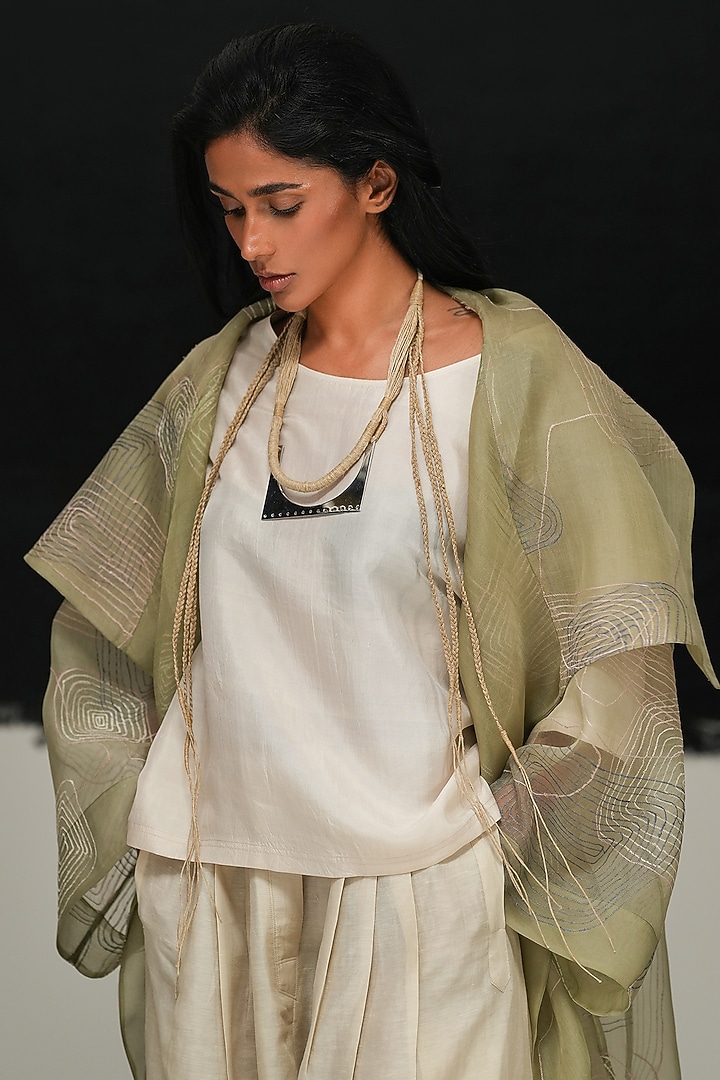Sage Green Handwoven Organza Machine Embroidered Jacket by Urvashi Kaur at Pernia's Pop Up Shop