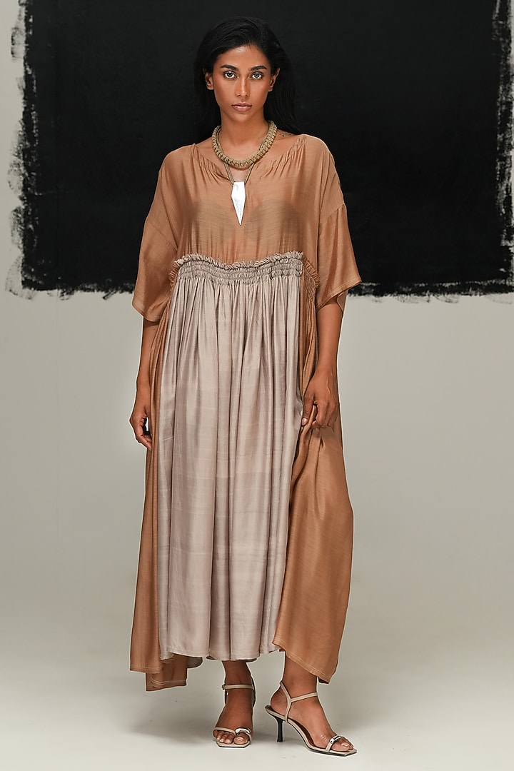 Warm Grey & Cinnamon Brown Mulberry Silk Vacation Dress by Urvashi Kaur at Pernia's Pop Up Shop