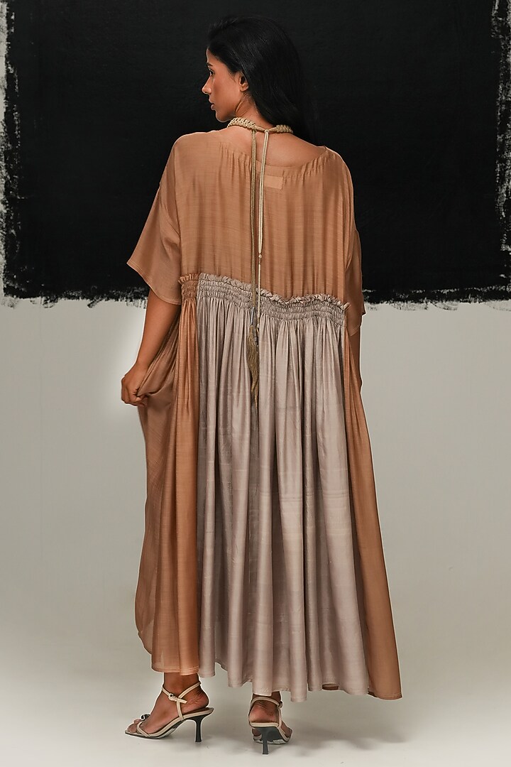 Warm Grey & Cinnamon Brown Mulberry Silk Vacation Dress by Urvashi Kaur at Pernia's Pop Up Shop