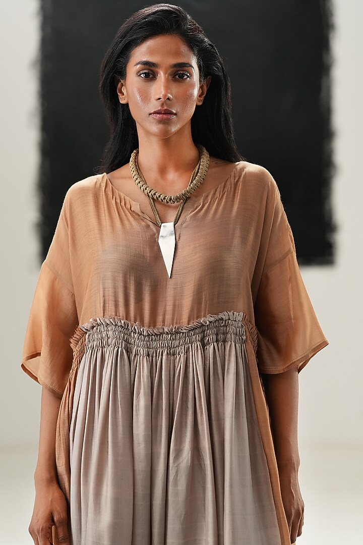 Warm Grey & Cinnamon Brown Mulberry Silk Vacation Dress by Urvashi Kaur at Pernia's Pop Up Shop