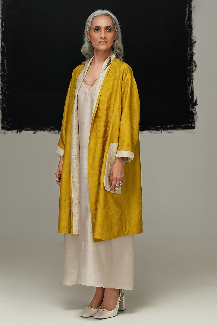 Avocado Green & Pearl White Mulberry Silk Embroidered Jacket by Urvashi Kaur at Pernia's Pop Up Shop