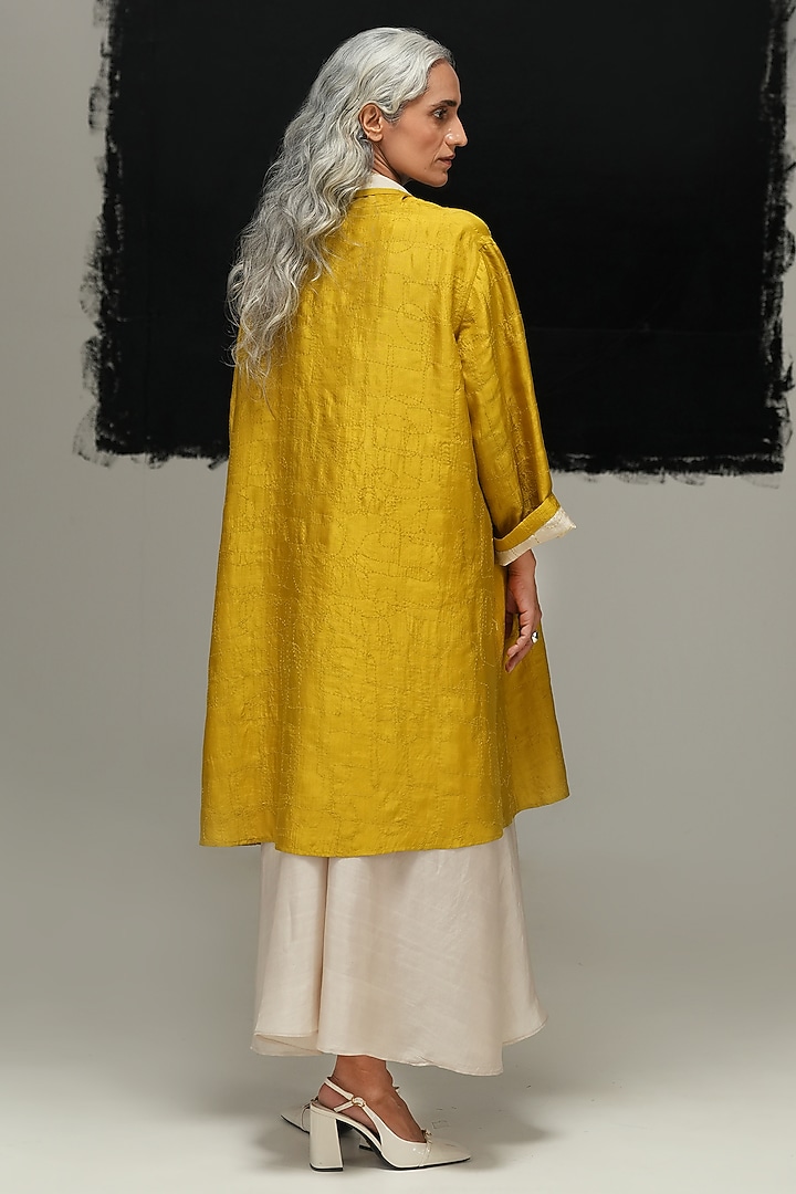 Avocado Green & Pearl White Mulberry Silk Embroidered Jacket by Urvashi Kaur at Pernia's Pop Up Shop