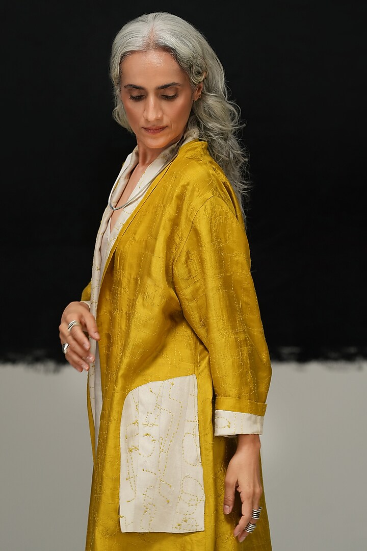Avocado Green & Pearl White Mulberry Silk Embroidered Jacket by Urvashi Kaur at Pernia's Pop Up Shop