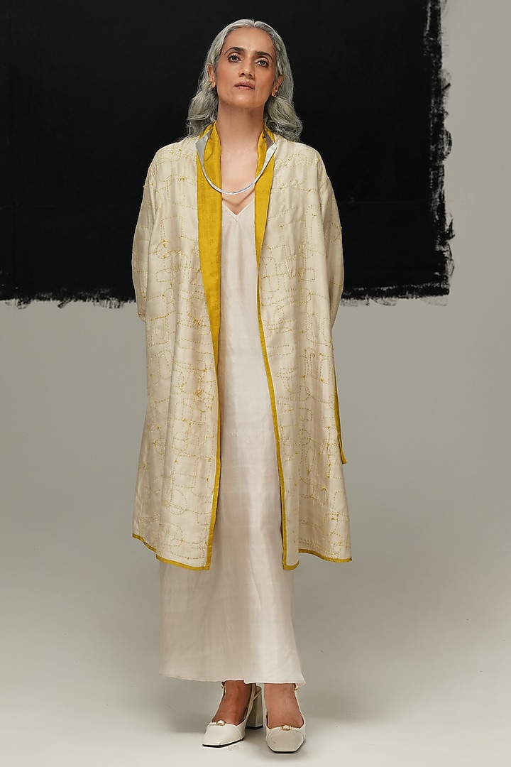 Avocado Green & Pearl White Mulberry Silk Embroidered Jacket by Urvashi Kaur at Pernia's Pop Up Shop