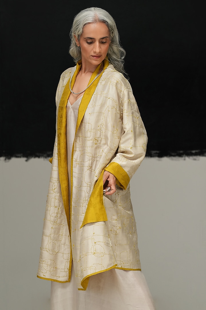 Avocado Green & Pearl White Mulberry Silk Embroidered Jacket by Urvashi Kaur at Pernia's Pop Up Shop