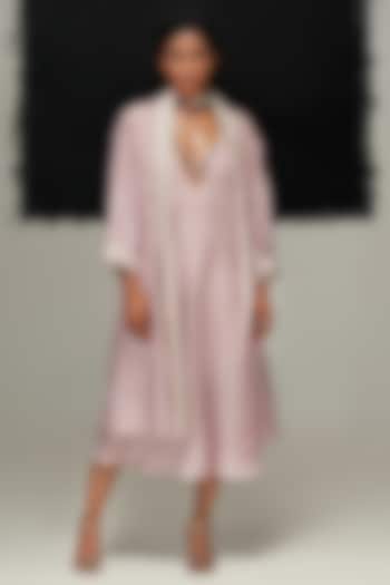 Dusty Pink & Pearl White Mulberry Silk Embroidered Jacket by Urvashi Kaur at Pernia's Pop Up Shop