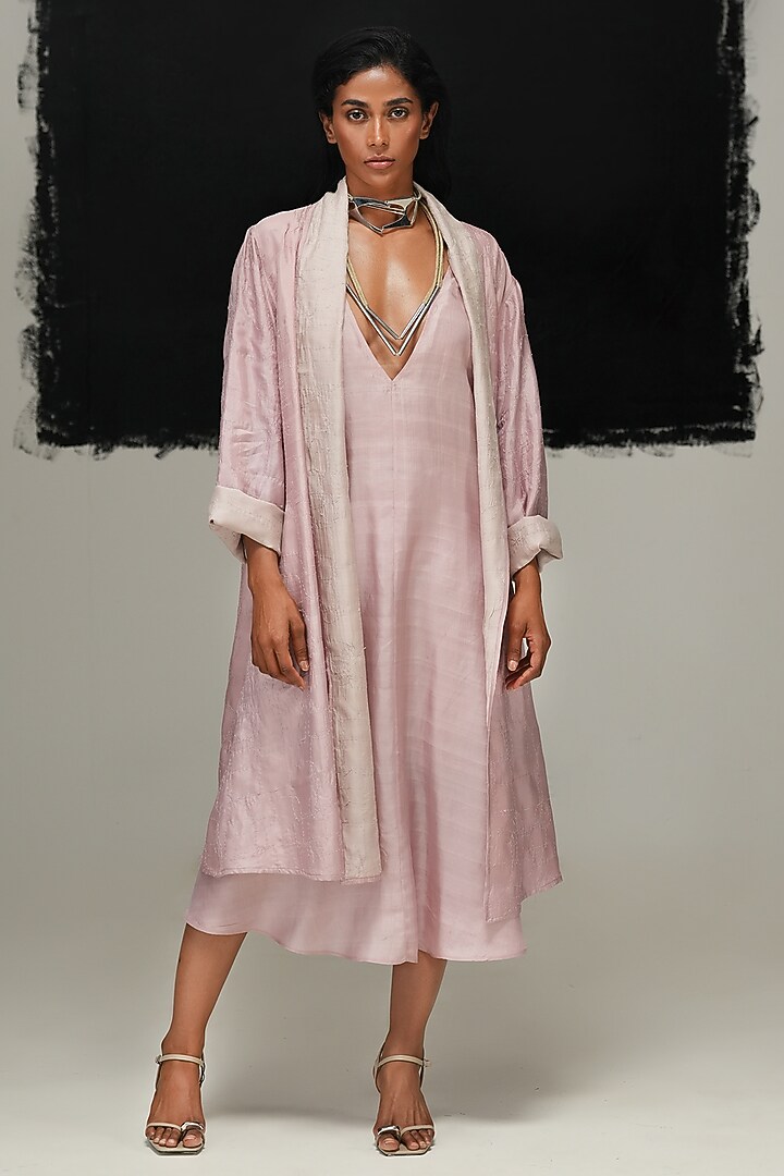 Dusty Pink & Pearl White Mulberry Silk Embroidered Jacket by Urvashi Kaur at Pernia's Pop Up Shop