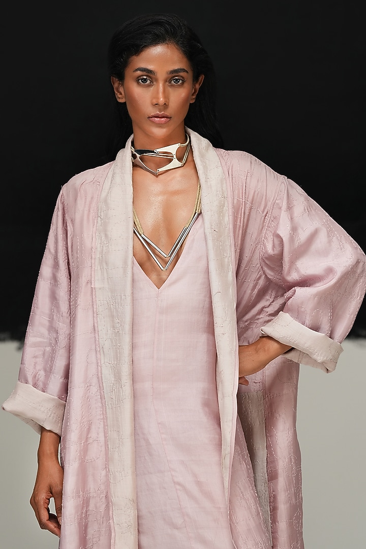 Dusty Pink & Pearl White Mulberry Silk Embroidered Jacket by Urvashi Kaur at Pernia's Pop Up Shop