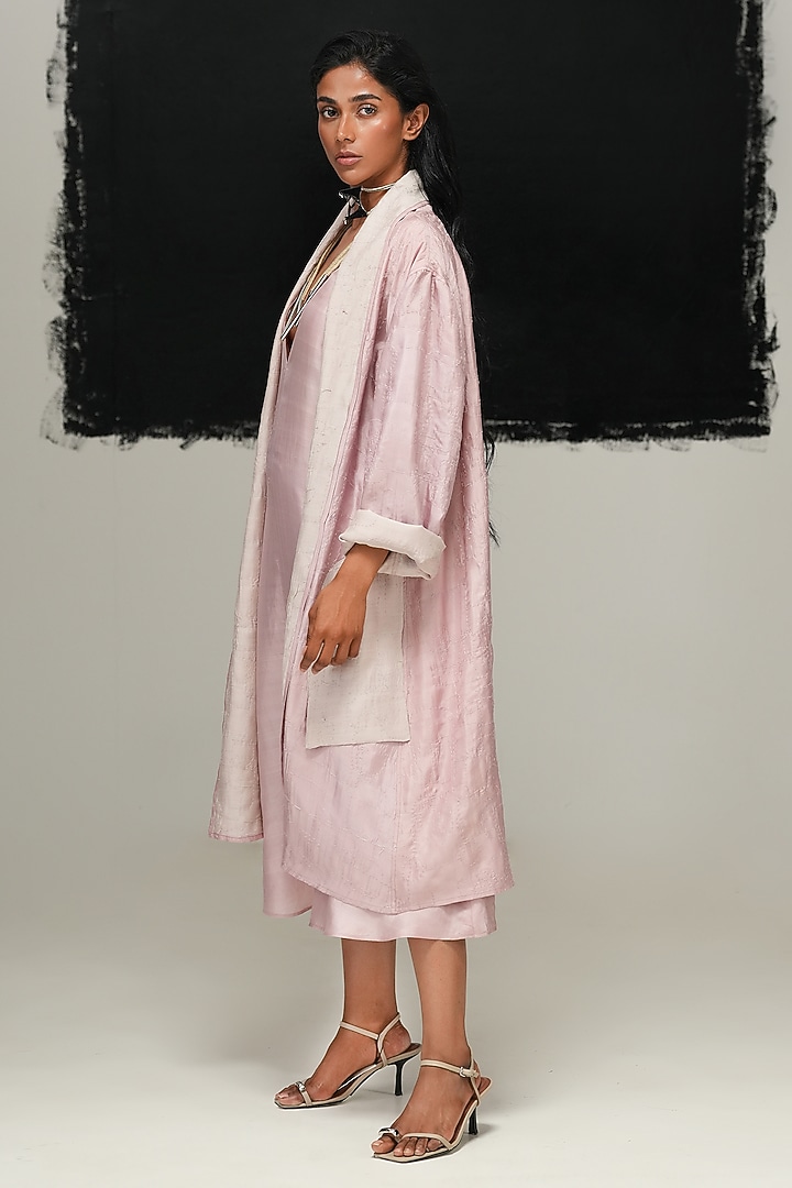 Dusty Pink & Pearl White Mulberry Silk Embroidered Jacket by Urvashi Kaur at Pernia's Pop Up Shop