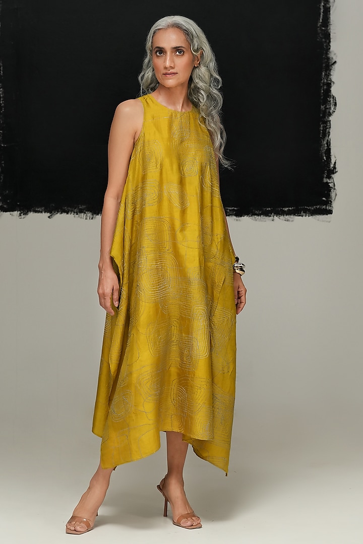 Avocado Green Mulberry Silk Machine Embroidered Midi Cocktail Dress by Urvashi Kaur at Pernia's Pop Up Shop