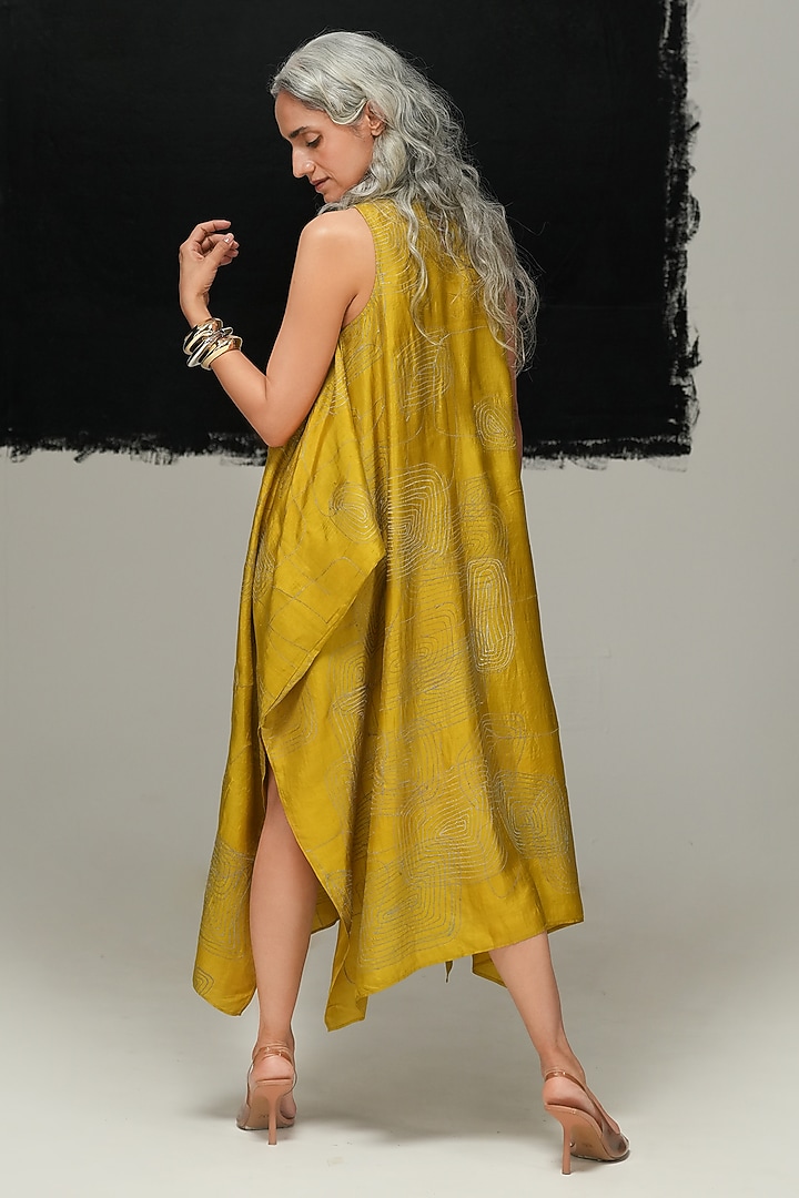 Avocado Green Mulberry Silk Machine Embroidered Midi Cocktail Dress by Urvashi Kaur at Pernia's Pop Up Shop