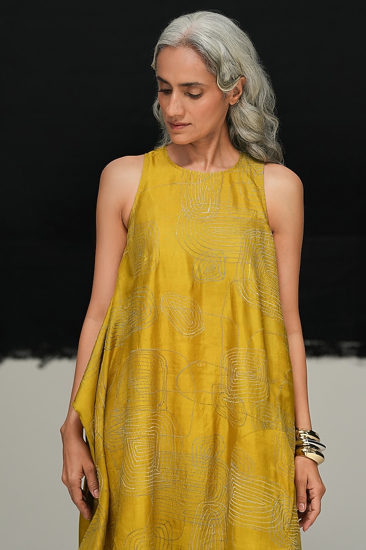 Avocado Green Mulberry Silk Machine Embroidered Midi Cocktail Dress by Urvashi Kaur at Pernia's Pop Up Shop