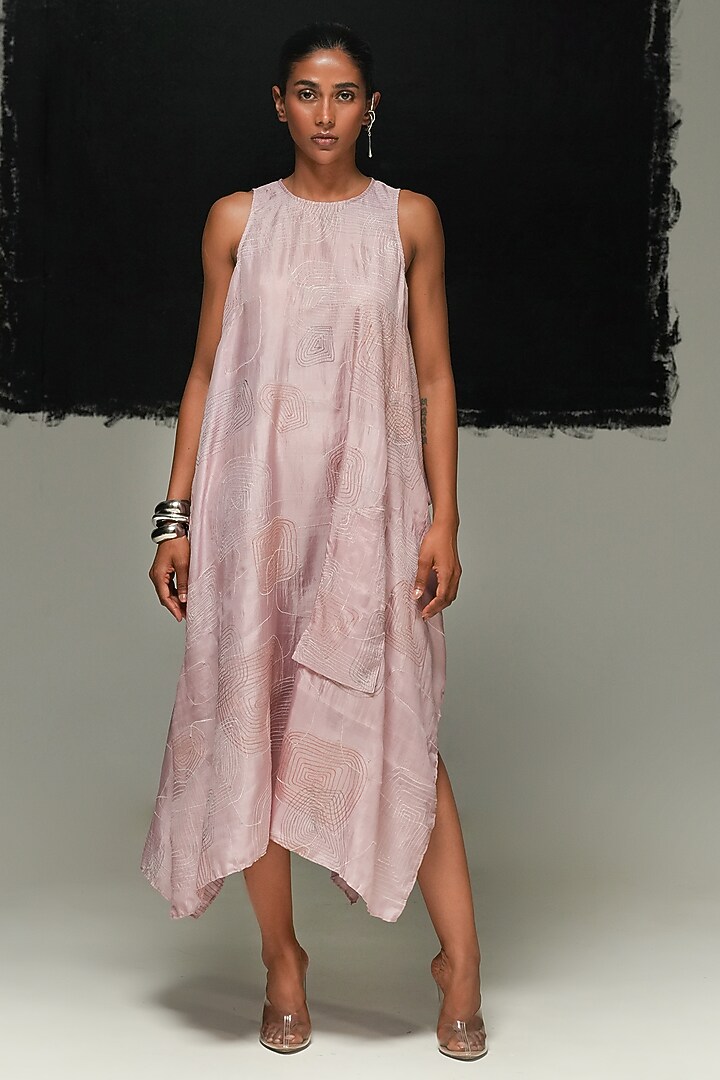 Dusty Pink Mulberry Silk Machine Embroidered Midi Cocktail Dress by Urvashi Kaur at Pernia's Pop Up Shop
