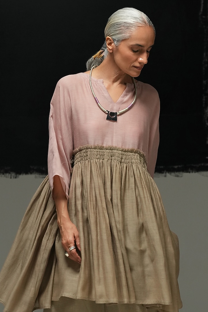 Warm Grey & Dusty Pink Handwoven Mulberry Silk Summer Dress by Urvashi Kaur at Pernia's Pop Up Shop