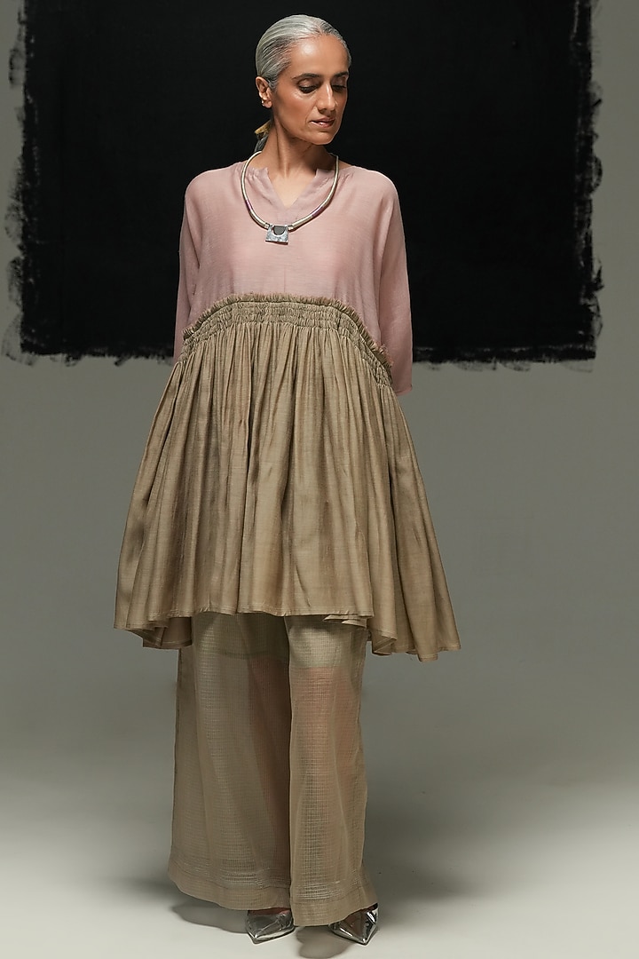 Warm Grey & Dusty Pink Handwoven Mulberry Silk Summer Dress by Urvashi Kaur at Pernia's Pop Up Shop