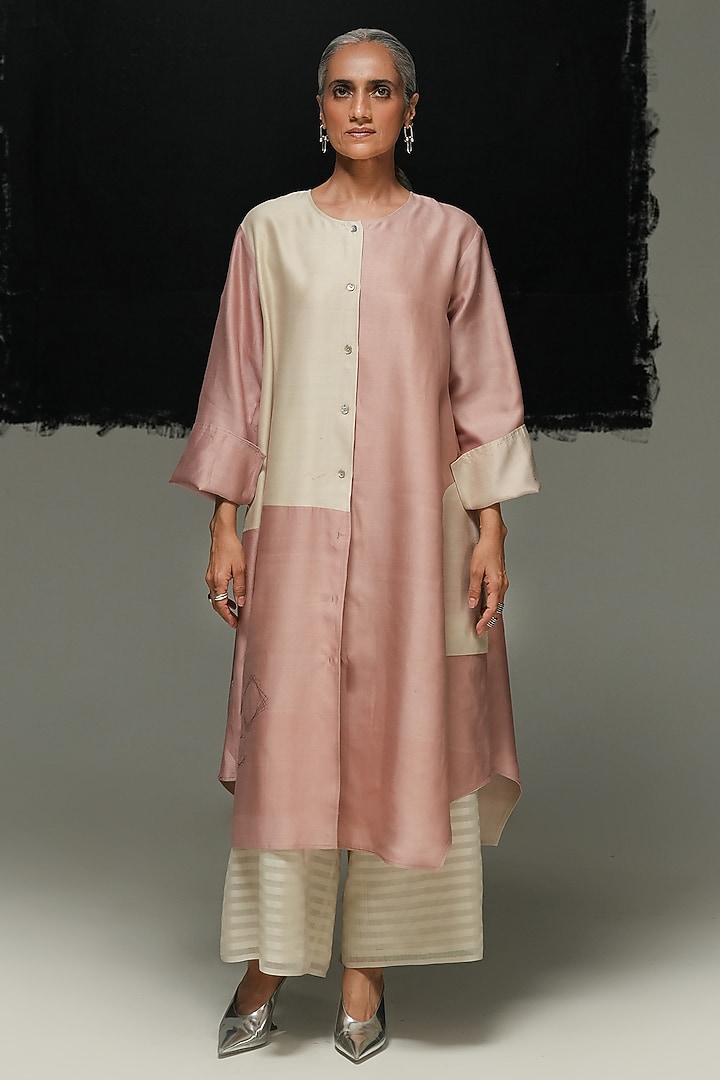 Pearl White & Dusty Pink Mulberry Silk Kantha Work Vacation Dress by Urvashi Kaur at Pernia's Pop Up Shop