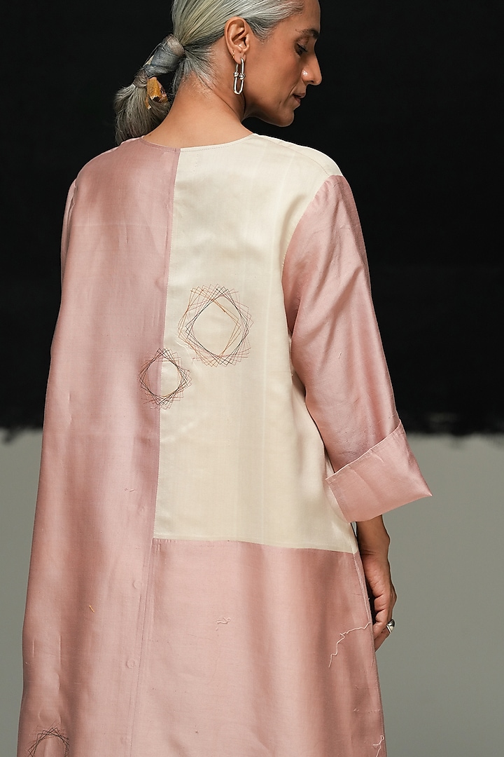 Pearl White & Dusty Pink Mulberry Silk Kantha Work Vacation Dress by Urvashi Kaur at Pernia's Pop Up Shop