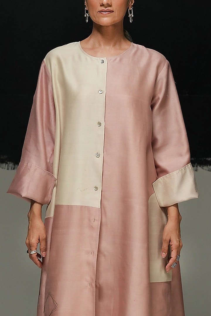 Pearl White & Dusty Pink Mulberry Silk Kantha Work Vacation Dress by Urvashi Kaur at Pernia's Pop Up Shop