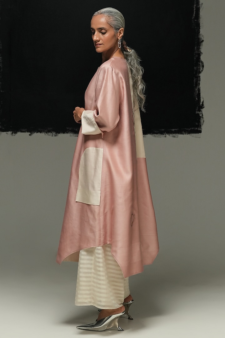 Pearl White & Dusty Pink Mulberry Silk Kantha Work Vacation Dress by Urvashi Kaur at Pernia's Pop Up Shop
