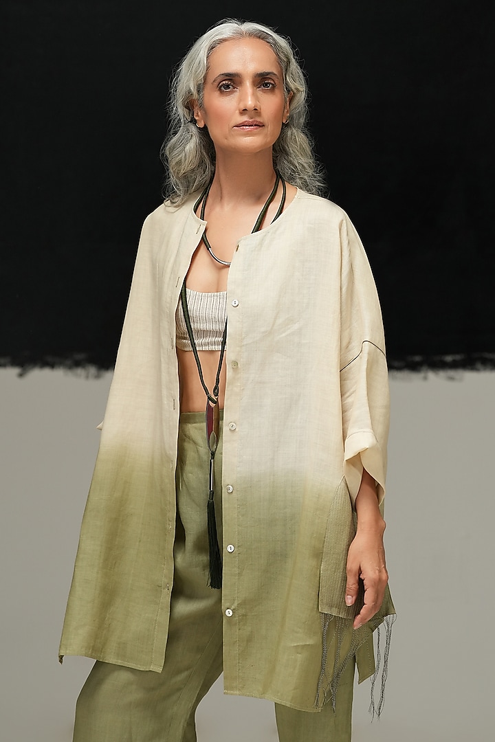 Pearl White & Sage Green Linen Handwoven Top by Urvashi Kaur at Pernia's Pop Up Shop