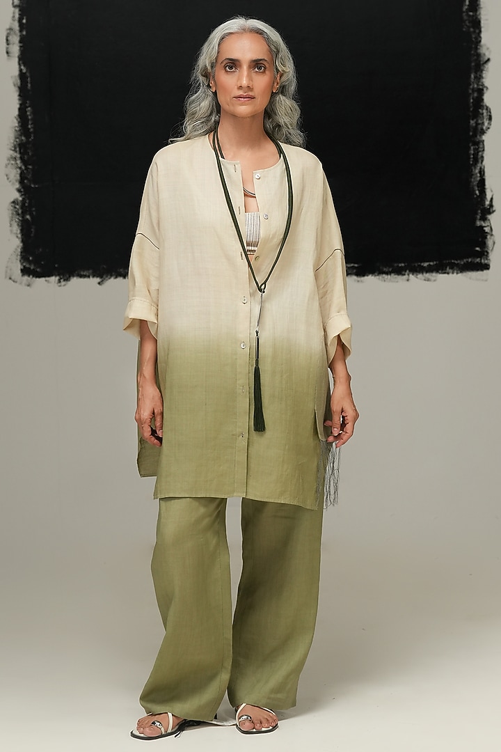 Pearl White & Sage Green Linen Handwoven Top by Urvashi Kaur at Pernia's Pop Up Shop