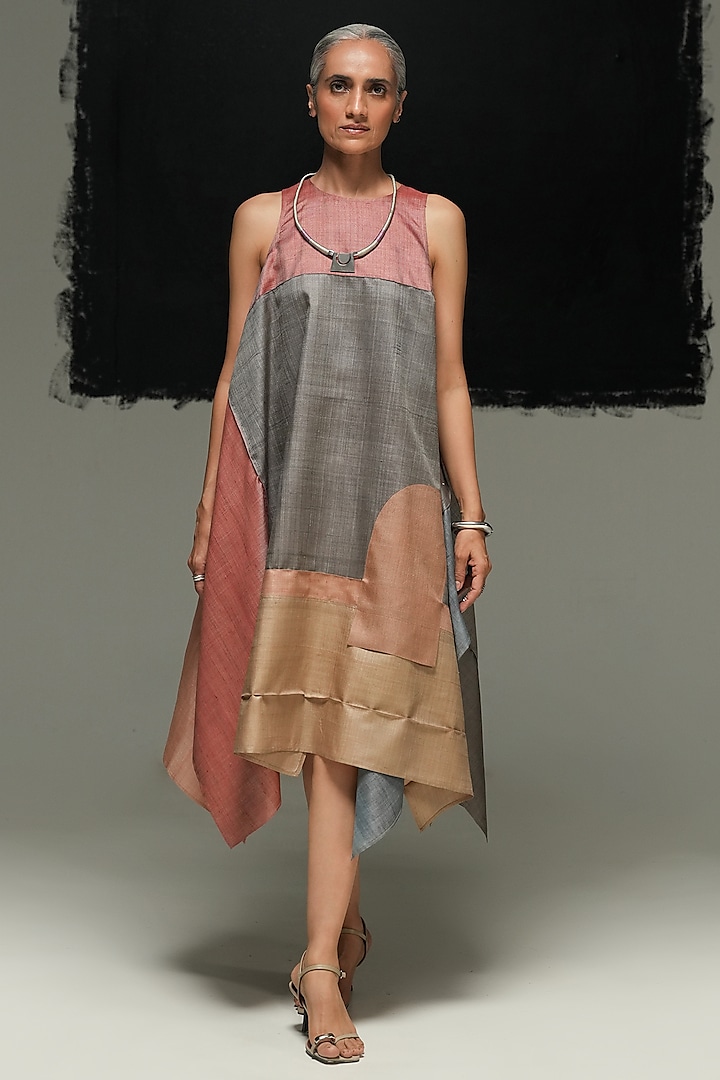 Multi-Colored Handwoven Linen Block Printed Midi Vacation Dress by Urvashi Kaur at Pernia's Pop Up Shop