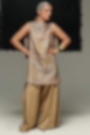 Warm Grey Handwoven Linen Machine Embroidered Top by Urvashi Kaur at Pernia's Pop Up Shop