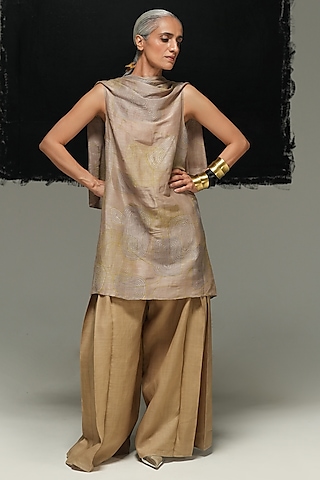 Warm Grey Handwoven Linen Machine Embroidered Top by Urvashi Kaur