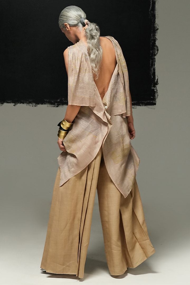 Warm Grey Handwoven Linen Machine Embroidered Top by Urvashi Kaur at Pernia's Pop Up Shop