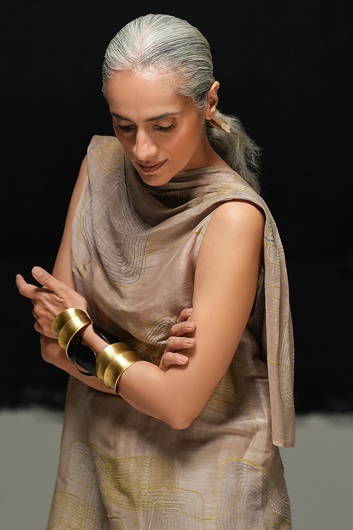 Warm Grey Handwoven Linen Machine Embroidered Top by Urvashi Kaur at Pernia's Pop Up Shop
