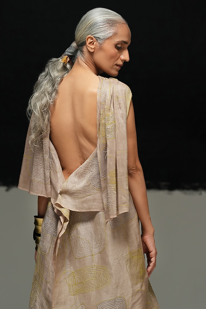 Warm Grey Handwoven Linen Machine Embroidered Top by Urvashi Kaur at Pernia's Pop Up Shop