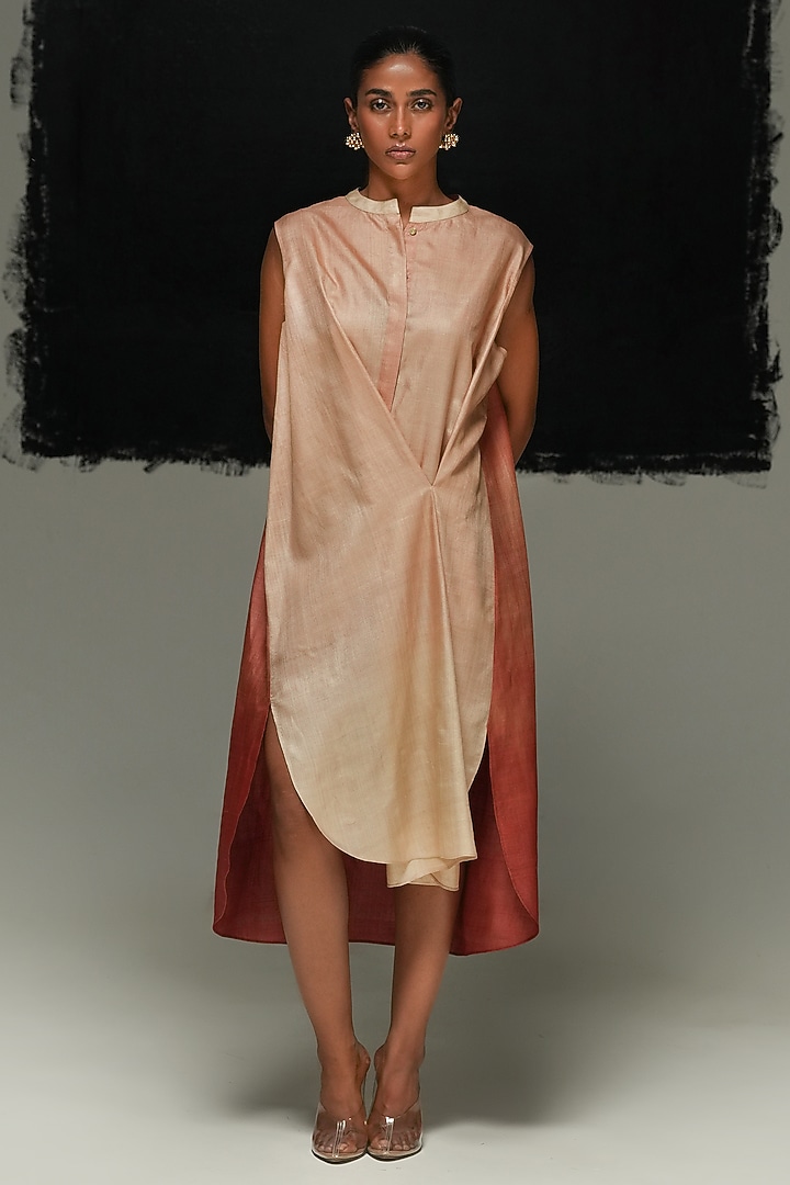 Old Rose Ombre Handwoven Tussar Silk Vacation Dress by Urvashi Kaur at Pernia's Pop Up Shop