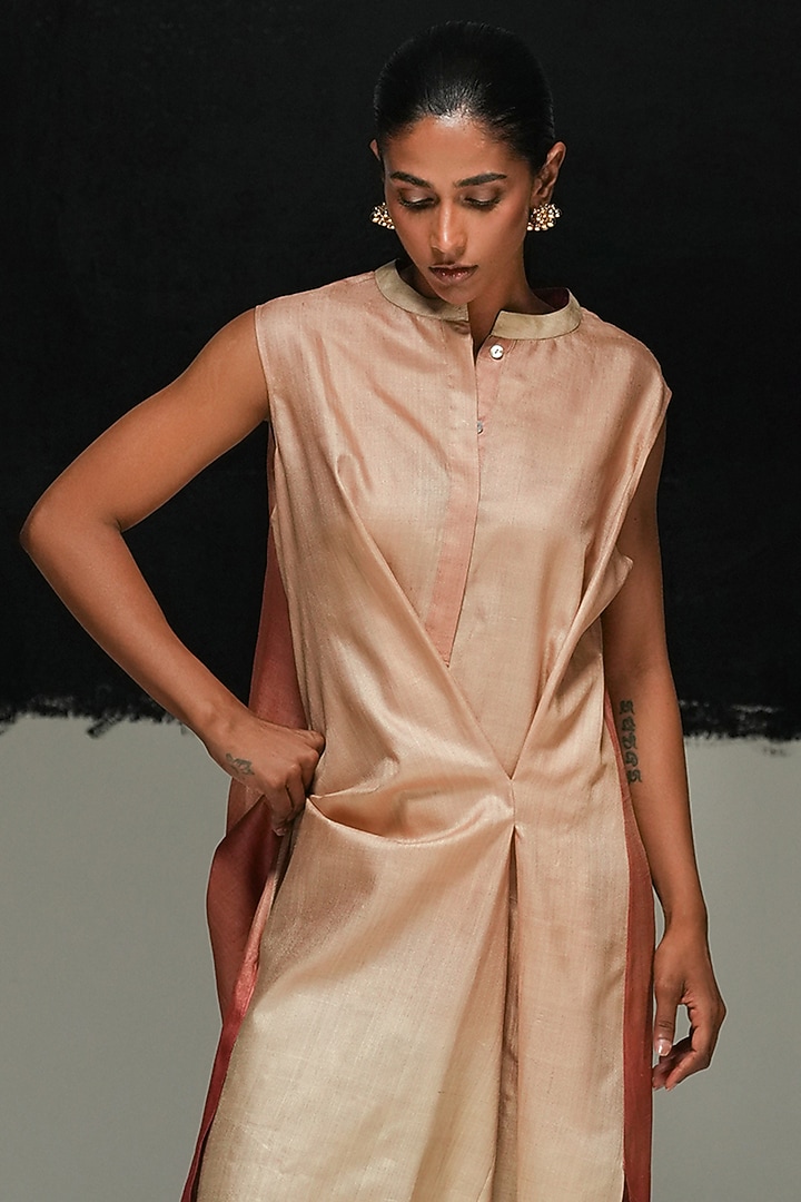 Old Rose Ombre Handwoven Tussar Silk Vacation Dress by Urvashi Kaur at Pernia's Pop Up Shop