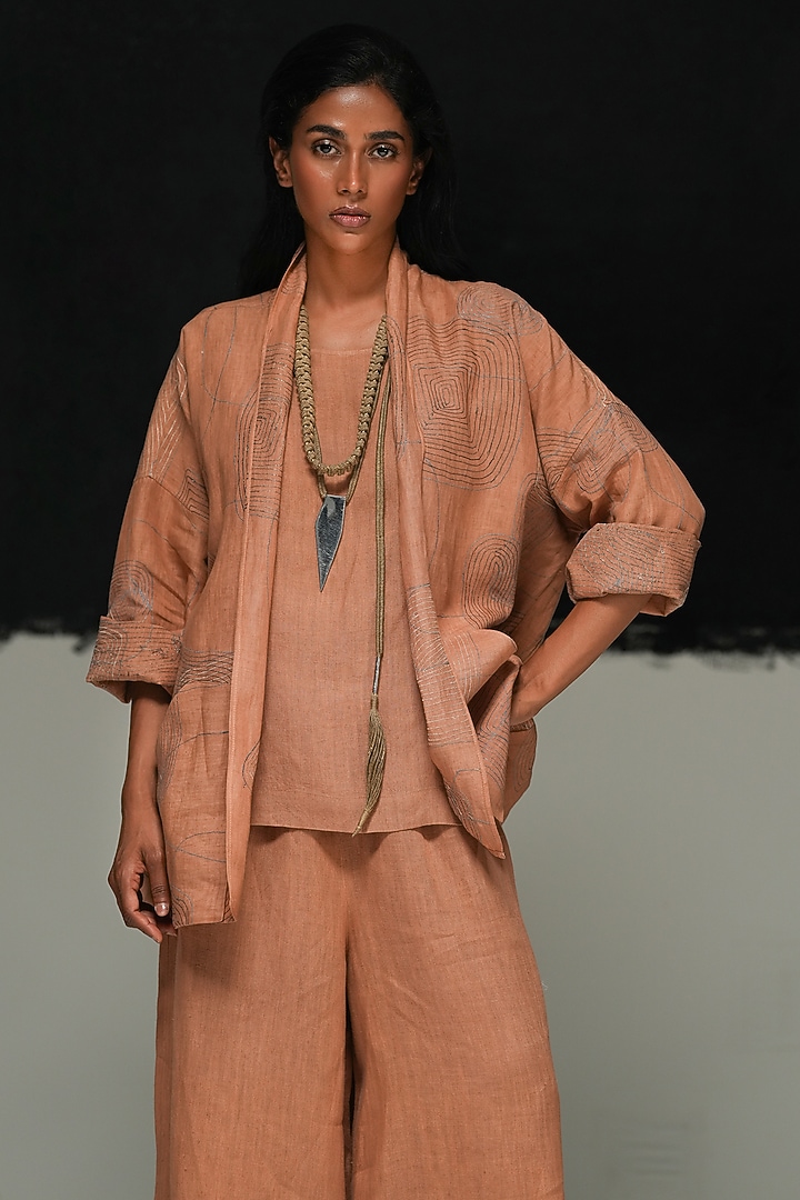 Rust Handwoven Linen Machine Embroidered Jacket by Urvashi Kaur at Pernia's Pop Up Shop
