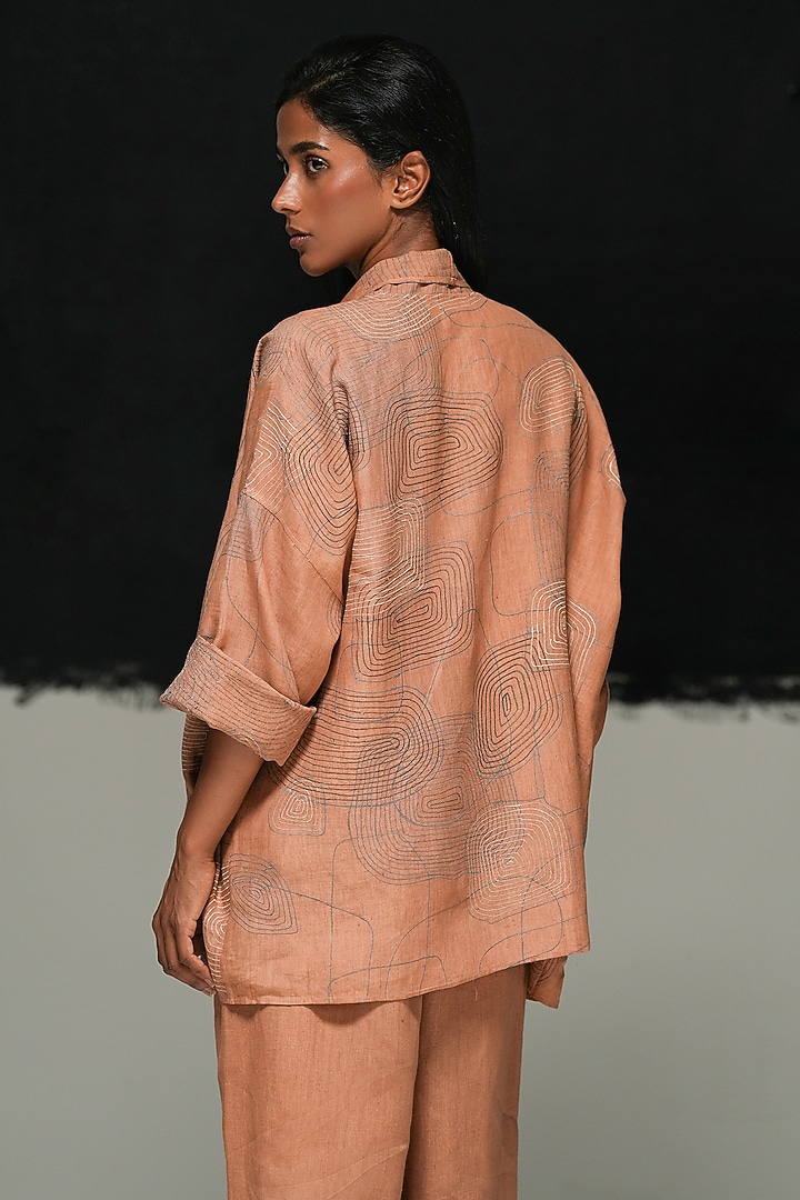 Rust Handwoven Linen Machine Embroidered Jacket by Urvashi Kaur at Pernia's Pop Up Shop