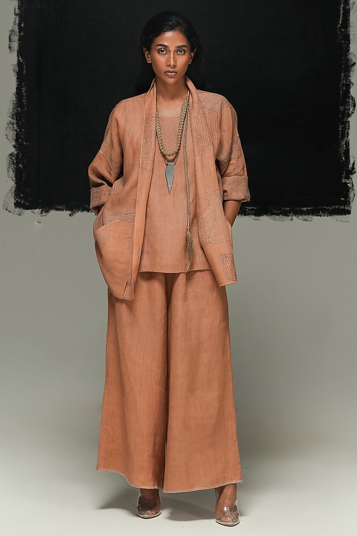 Rust Handwoven Linen Machine Embroidered Jacket by Urvashi Kaur at Pernia's Pop Up Shop