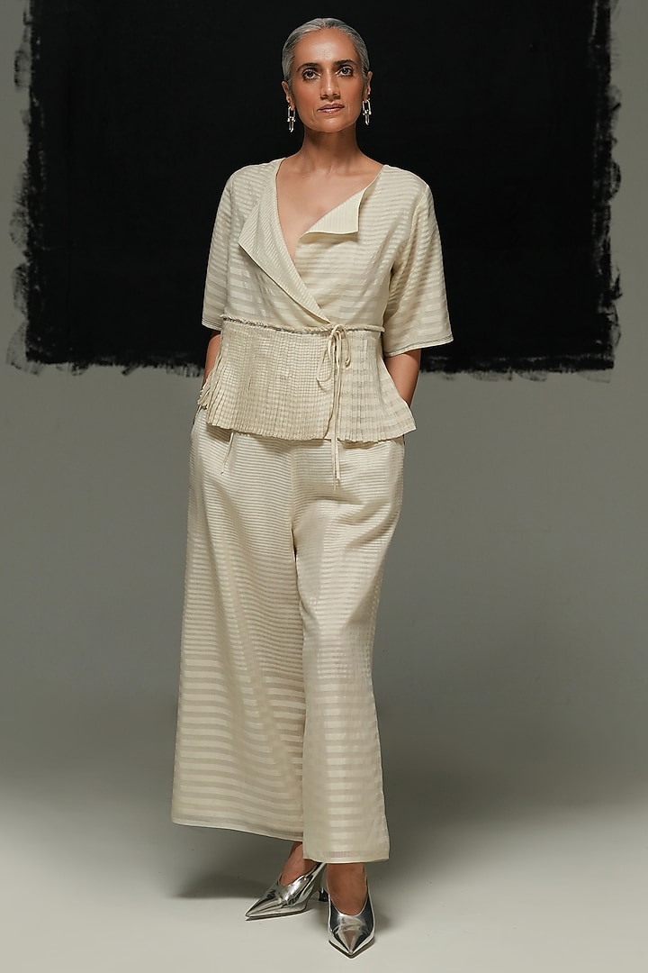 Ecru Handwoven Maheshwari Silk Wrap Peplum Top by Urvashi Kaur at Pernia's Pop Up Shop