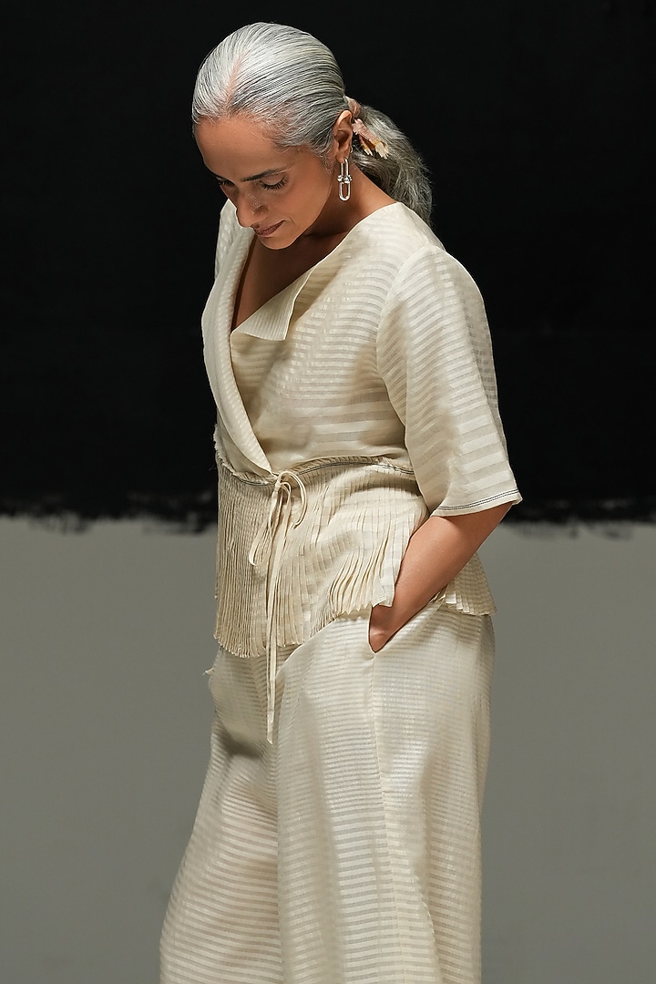 Ecru Handwoven Maheshwari Silk Wrap Peplum Top by Urvashi Kaur at Pernia's Pop Up Shop