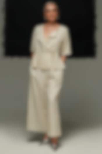 Ecru Handwoven Maheshwari Silk Pants by Urvashi Kaur at Pernia's Pop Up Shop