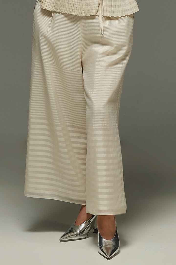 Ecru Handwoven Maheshwari Silk Pants by Urvashi Kaur at Pernia's Pop Up Shop