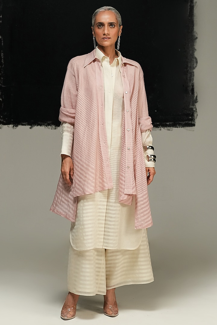 Pink Handloom Maheshwari Silk Shirt by Urvashi Kaur at Pernia's Pop Up Shop