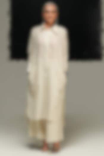 Ecru Handwoven Maheshwari Silk Striped Straight Tunic by Urvashi Kaur at Pernia's Pop Up Shop